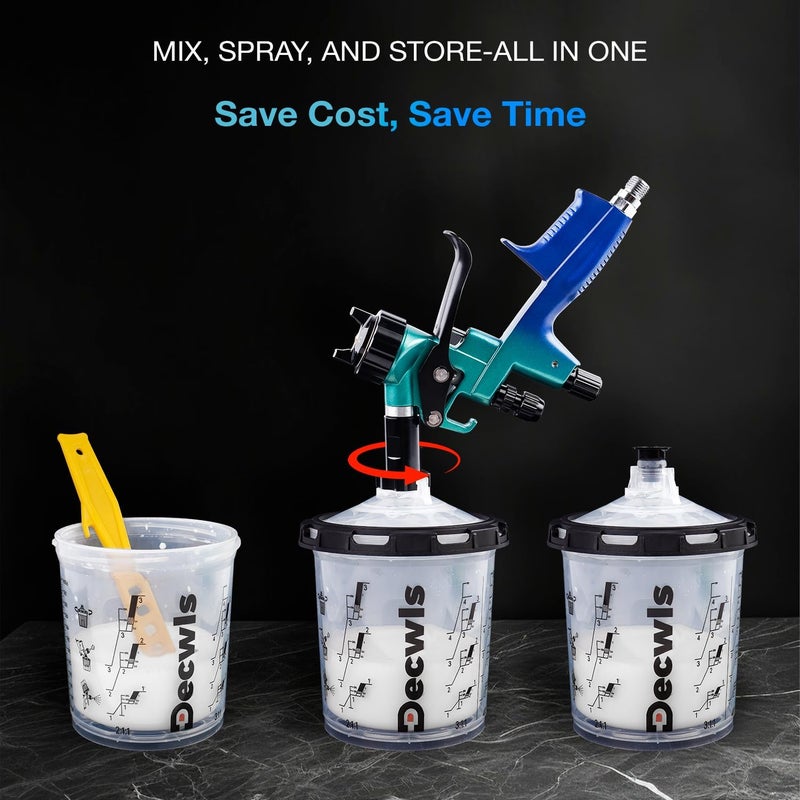 Decwls Store Disposable Paint Cup System 20 Ounce (600ml) Kit - 50 Pack Paint Cups with Lids, 2 Hard Cup with Retainer Ring, 20 Plugs, 2 Cup Adapter, PTFE Tape, Paint Stirrer for Automotive Paint Gun - Image 3